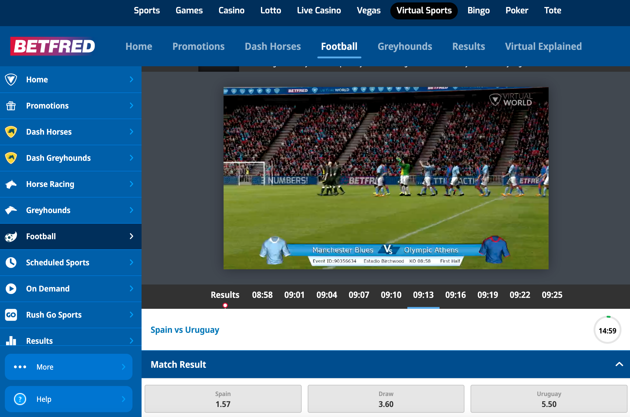 Betfred's virtual sports page, featuring an ongoing virtual football match and an option to bet on Spain vs Uruguay